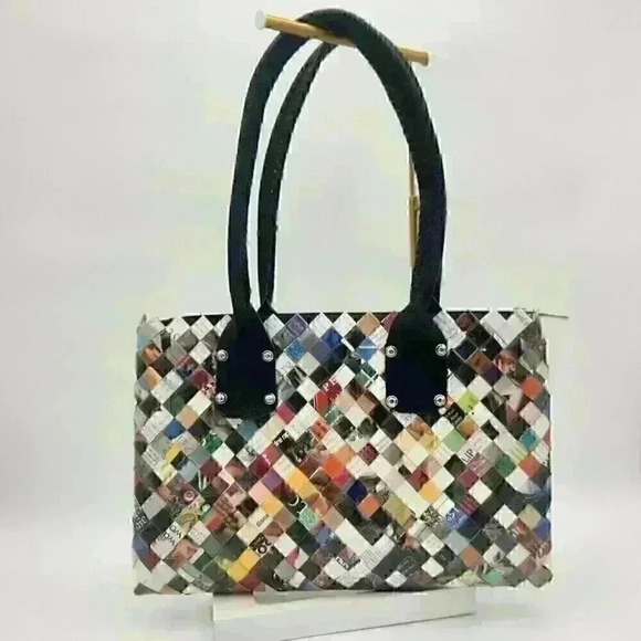 Cosmic Bobbins Vintage Y2K Upcycled "Wrapper" Large Hand Bag with Leather Straps - Picture 1 of 11